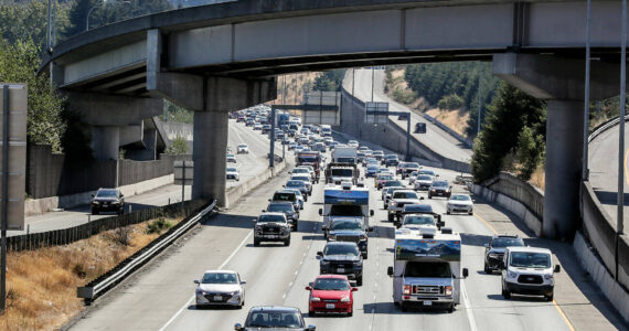 Heavy traffic northbound on 1-5 in Everett, Washington on August 31, 2022. (Kevin Clark / The Herald)