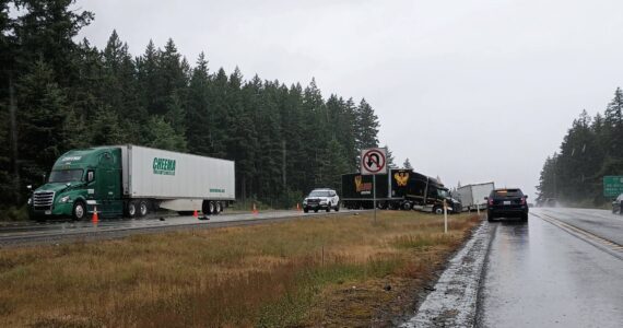 Westbound vehicles were able to move past the damaged semi-truck but traffic was backed up for almost five hours. Photo by Bailey Jo Josie/Sound Publishing.