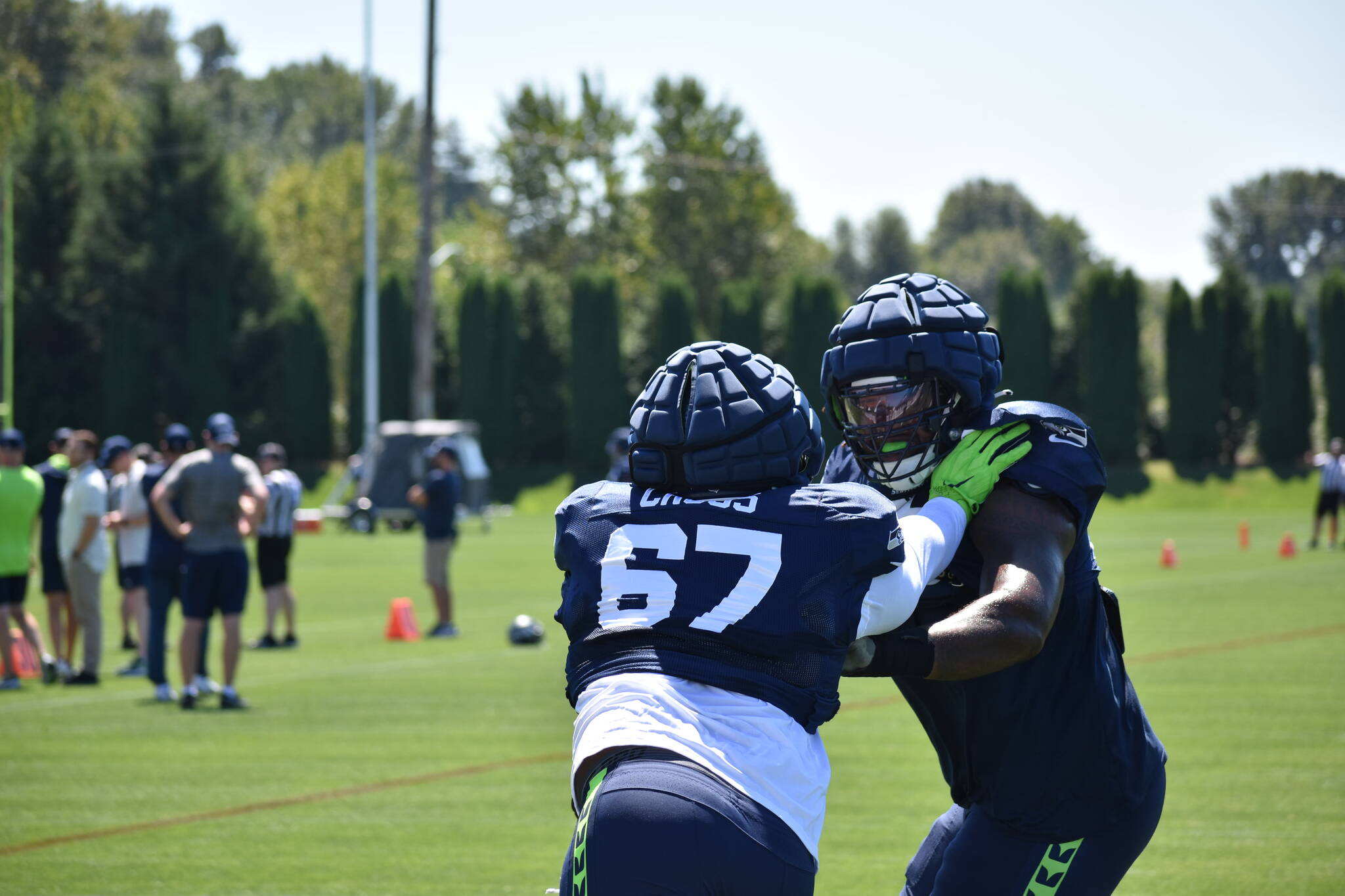 Seahawks LT works in warm-ups. (Photos by Ben Ray/Sound Publishing)