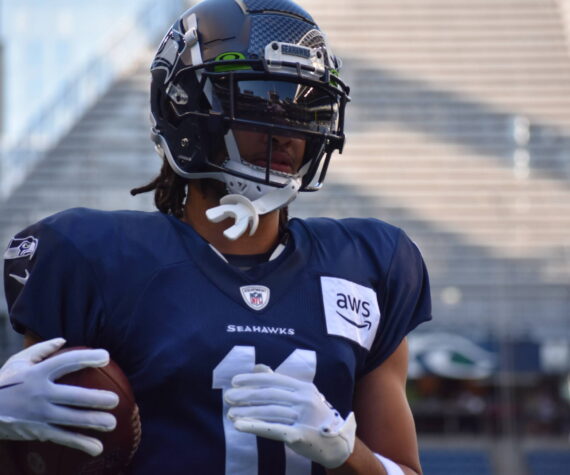 First-round pick Jaxon Smith-Njigba is ready to go at Lumen Field. (Photos by Ben Ray / Sound Publishing)