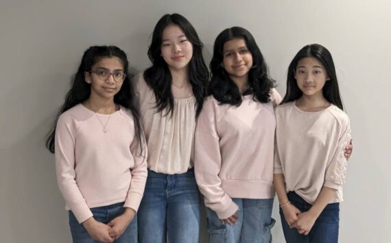 Courtesy photo.
The STEM Girls!!! are one of seven American regional winners for their app “MyChoiceHousing.” From left to right: Aditi Juluri, Isabel Xu, Hasini Juluri, Cynthia Xu.