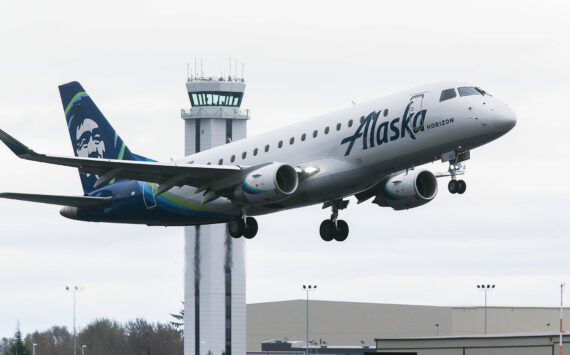 An Alaska Airlines plane takes off from Paine Field in Everett, Washington. (Andy Bronson / The Herald file)