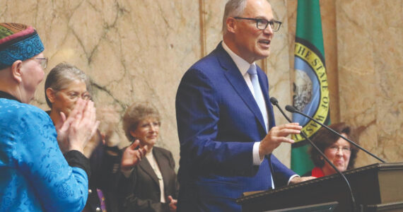 Photo by Aspen Anderson, WNPA Foundation
Entering his final year in office, Gov. Jay Inslee called for action on several fronts in his annual State of the State address to a joint session of the state Legislature.