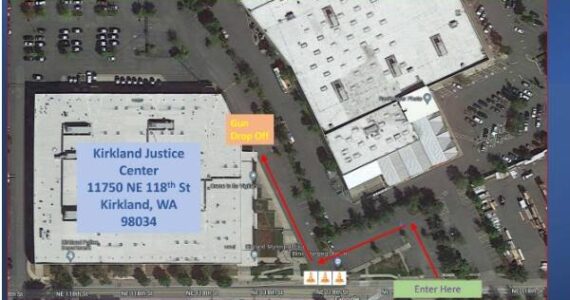 The map shows how participants should enter the facility to submit firearms. Kirkland police ask participants to not get out of their vehicle. (Photo courtesy of Kirkland Police Department)