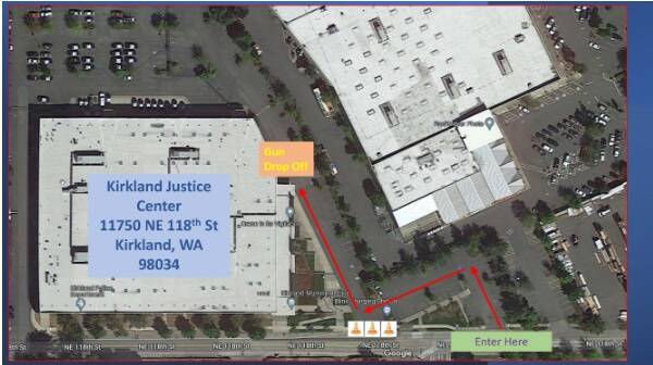 The map shows how participants should enter the facility to submit firearms. Kirkland police ask participants to not get out of their vehicle. (Photo courtesy of Kirkland Police Department)