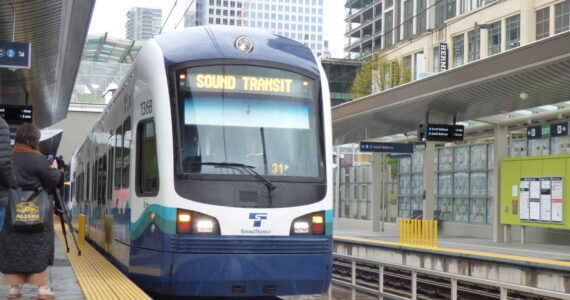 Train heading north from the Downtown Bellevue Station will cross over I-405 to the Wilburton Station. (Cameron Sires/Sound Publishing)