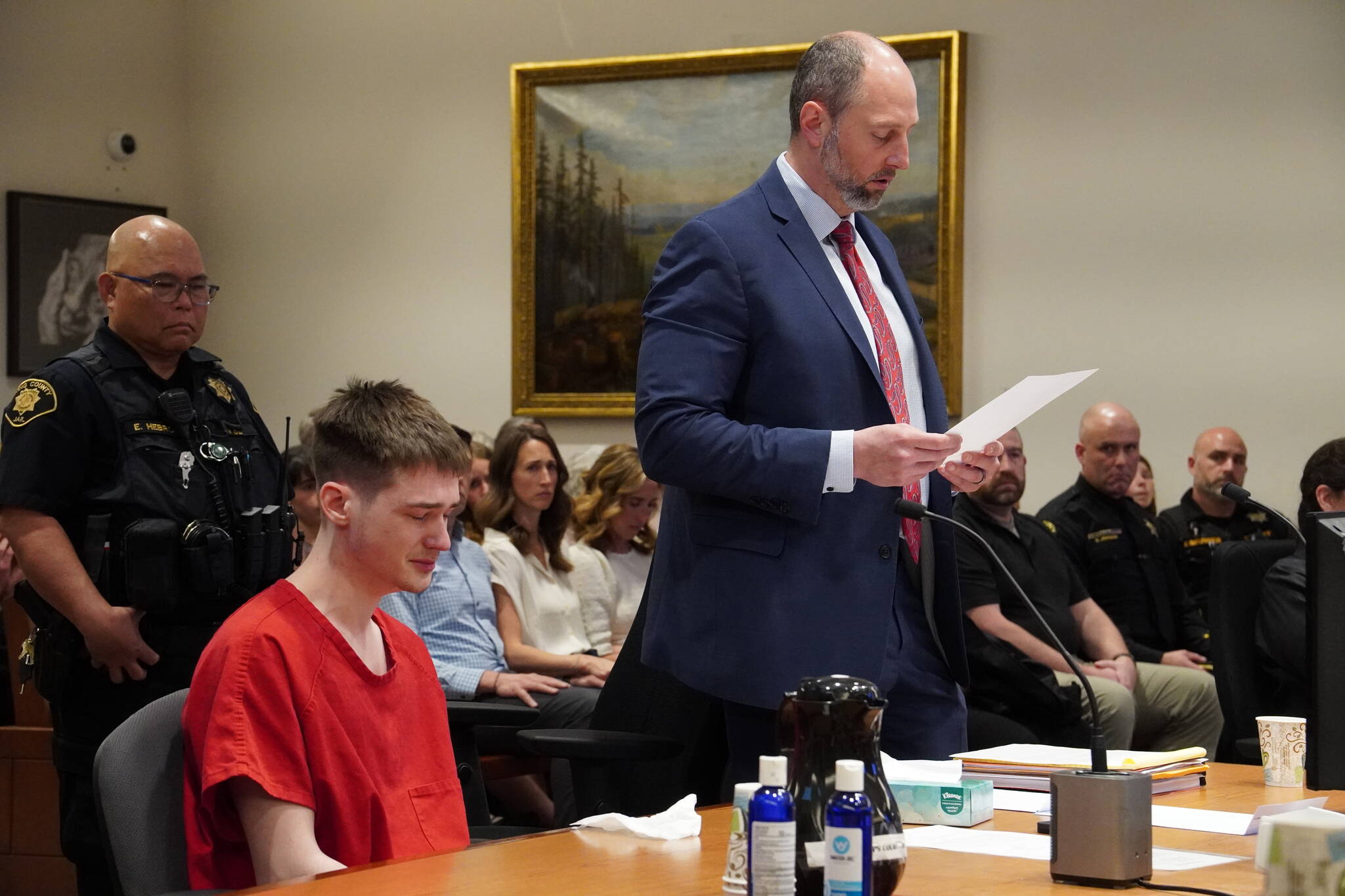 Chase Jones and his attorney Brad Barshis reading Jones’ statement to the judge. Photo by Joshua Solorzano/Sound Publishing