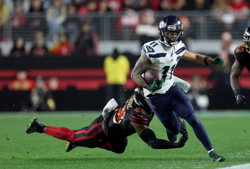 <p>Jaxon Smith-Njigba had at least 72 receiving yards in all but one game this season, including 84 in the finale at San Francisco. Ezra Shaw / Getty Images</p>