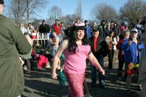 Kirkland resident Rob Butcher garnered many chuckles as he went all out during this year's 11th annual unofficial Polar Bear Plunge and dressed as a woman in pink. Hundreds gathered on New Year's Day at Marina Park to take the daring plunge into the 40-degree Lake Washington.