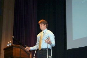 Wave Aquatics Director Tyson Wellock addresses the community at a Jan. 7 meeting held at Lake Washington High School. Wellock presented a plan for building an Eastside Aquatic Center