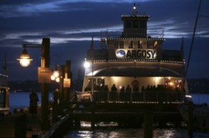 Guests wait in line to check-in on board the Argosy MV Kirkland during the Kirkland Downtown Association’s Annual Fall Ball and Flowerpot Fundraiser on Sat.
