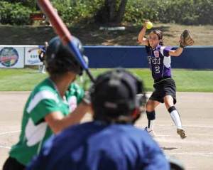 Snow Canyon starting pitcher Kacey Rogers (2) throws to an East batter during Junior Softball World Series tournament pool play at Everest Park in Kirkland