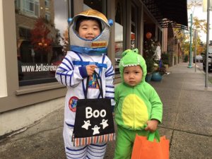 Kids trick or treat in downtown Kirkland.