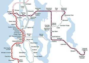 This map shows a proposed route for a subway across Lake Washington and through Kirkland.