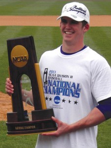 Clayton Truex with the NCAA Division III National Championship trophy. The Linfield College first baseman and Kirkland native registered the fifth-highest batting average for Linfield.