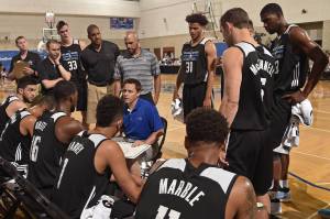 Orlando Magic assistant coach Chad Forcier instructs the team during Orlando Summer League on July 2 at Amway Center in Orlando