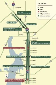 This map shows where drivers can enter and exit the express toll lanes on I-405.