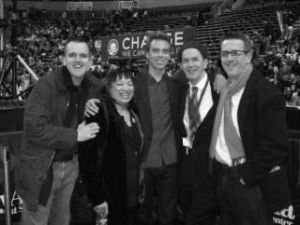 Brothers Joe (left) Jake (second from right) and Jon (far right) Bergevin introduced their music video in front of 21