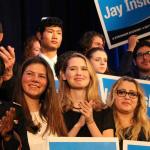An Inslee supporter cries onstage as the re-elected governor discusses Donald Trump&rsquo;s win (Allison DeAngelis/staff photo).