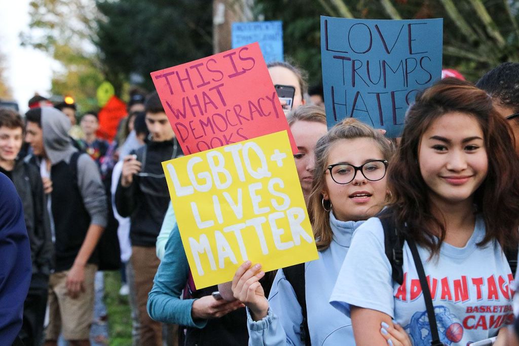 Juanita High School students walk down 132nd Street as part of a protest on Nov. 14. JOHN WILLIAM HOWARD/Kirkland Reporter