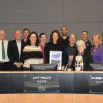 The Puget Sound Regional Council Vision 2040 Award is presented at the Nov. 1 Kirkland City Council meeting. Posing with the award are Kirkland City Councilmember Toby Nixon (from left), PSRC Executive Director Josh Brown, Google Real Estate Project Executive Mike Nolan, Councilmember Shelley Kloba, Google Head of External Affairs and Government Relations Darcy Nothnagle, Kirkland Mayor Amy Walen, DLR architect Mike Vander Ploeg, Councilmember Dave Asher, Councilmember Doreen Marchione, SRM Development Manager Dave Tomson, Councilmember Penny Sweet, Lake Washington School District Director of Support Services Forrest Miller and Deputy Mayor Jay Arnold. KATHY CUMMINGS/Contributed photo