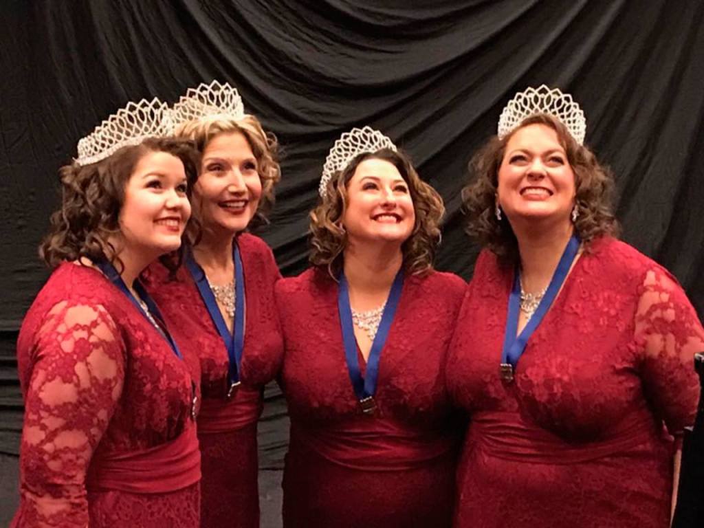 Frenzy Quartet, consisting of Anne Downton (left), Judy Pozsgay, Nikki Blackmer and Melissa Pope, celebrate their win at the 2016 Sweet Adelines International Competition. Contributed photo