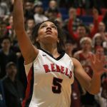 Juanita senior Tea Adams goes in for a layup during the second half of Friday&rsquo;s game against Lake Washington. JOHN WILLIAM HOWARD/Kirkland Reporter