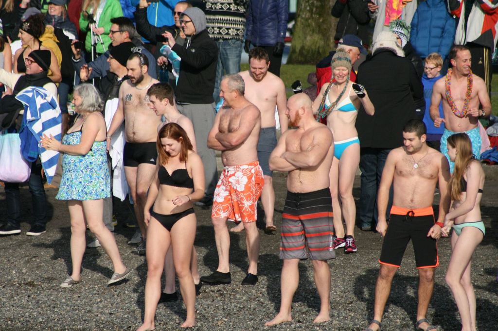 Polar Bear Plunge participants prepare to enter Lake Washington at Marina Park in Kirkland. CATHERINE KRUMMEY / Kirkland Reporter