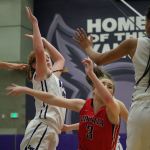 Juanita freshman Brandi White (3) draws a foul on Lake Washington freshman Jen Estes in the second half of Wednesday&rsquo;s rivalry game at Lake Washington High School. JOHN WILLIAM HOWARD/Kirkland Reporter