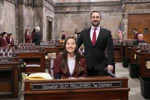 State Sen. Guy Palumbo, right, and Juanita High School junior Odsuren Enkhbaatar. Contributed photo