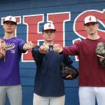 Juanita High pitchers, from left, JD Worcester, Carter Rusch and Jayson Schroeder. ANDY NYSTROM, Kirkland Reporter