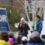 Rep. Joan McBride addresses the Eastside March for Justice crowd at Houghton Beach Park prior to their walk to Marina Park in downtown Kirkland.                                Hundreds gathered for the march that was inspired by the women&rsquo;s marches across the country and around the world in January.                                MATT PHELPS/Kirkland Reporter