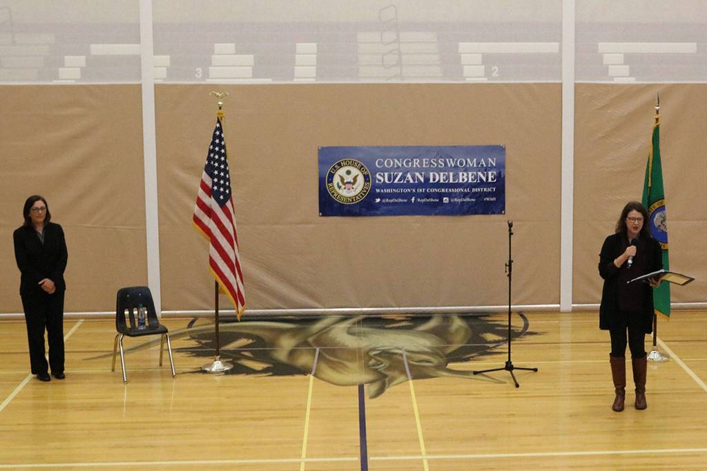 Kirkland Mayor Amy Walen (right) introduces Congresswoman Suzan DelBene (left) at a town hall event at Lake Washington High School in Kirkland. CATHERINE KRUMMEY / Kirkland Reporter