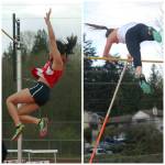Juanita High junior pole vaulter Katrina Teo (left) clears one of her vaults on April 13. During the event, she sailed over the bar at 10-9, breaking her own school record of 10-0. She won the event. Lake Washington High junior Brittany Blaskovich (right) finished second in 10-6, also breaking her own school record of 10-3. Andy Nystrom, Reporter Newspapers