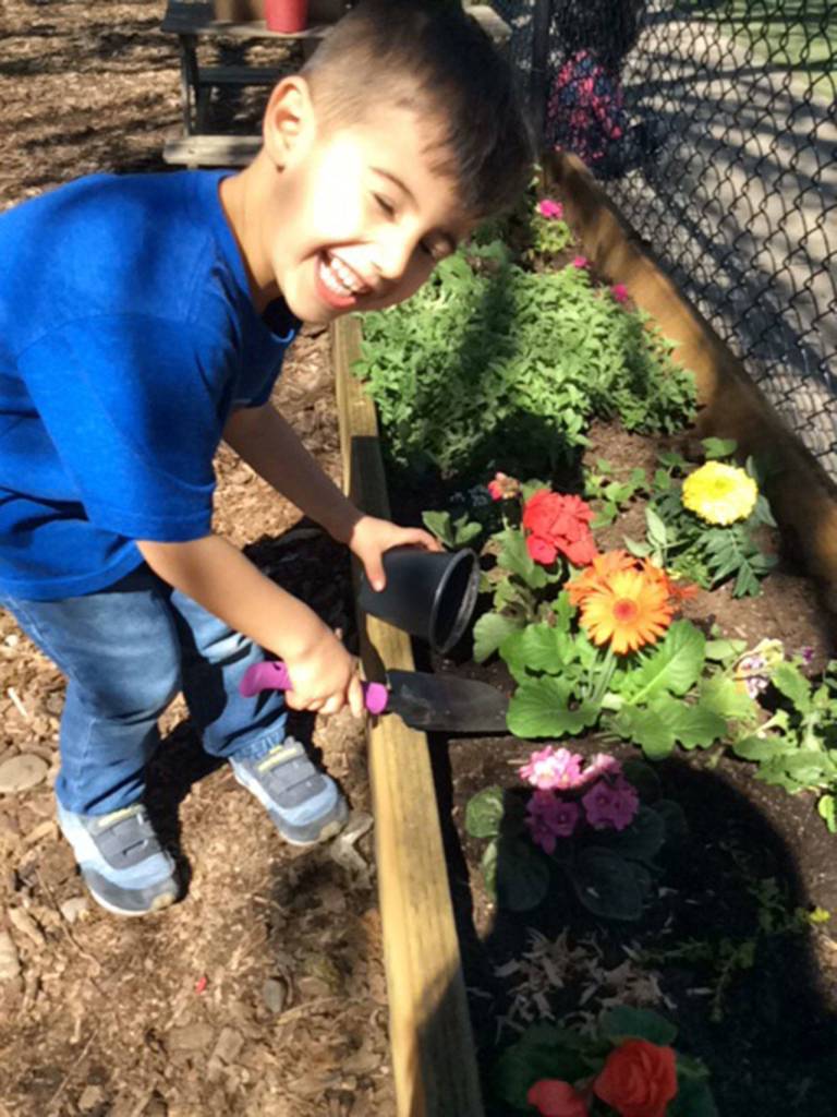 An Evergreen Academy student helps place new plants at the Kirkland preschool. Contributed photo