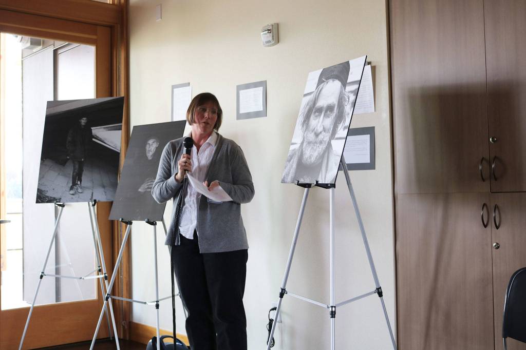 Dawn Nelson, chair of the Kirkland Housing Advisory Group, speaks at an Affordable Housing Week event at Velocity Apartments in Kirkland. CATHERINE KRUMMEY / Kirkland Reporter