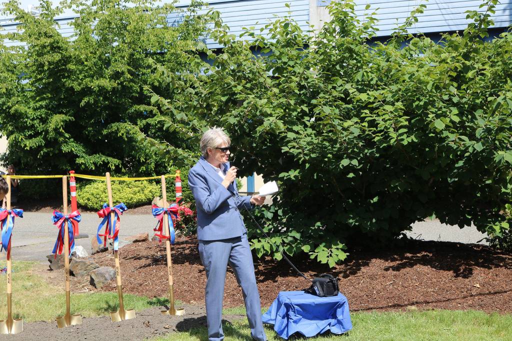 Incoming Juanita High School principal Kelly Clapp speaks at the groundbreaking ceremony. CATHERINE KRUMMEY / Kirkland Reporter