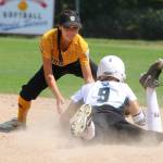 Here and below, Kirkland&rsquo;s Kaia Bradford dives in safely to second base.