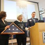 Rep. Suzan DelBene (WA-01) (left) and U.S. Navy veteran Ben Studley present World War II veteran Ann Bjorneby with an American flag and special certificate of recognition to thank her for her service. Samantha Pak, Kirkland Reporter