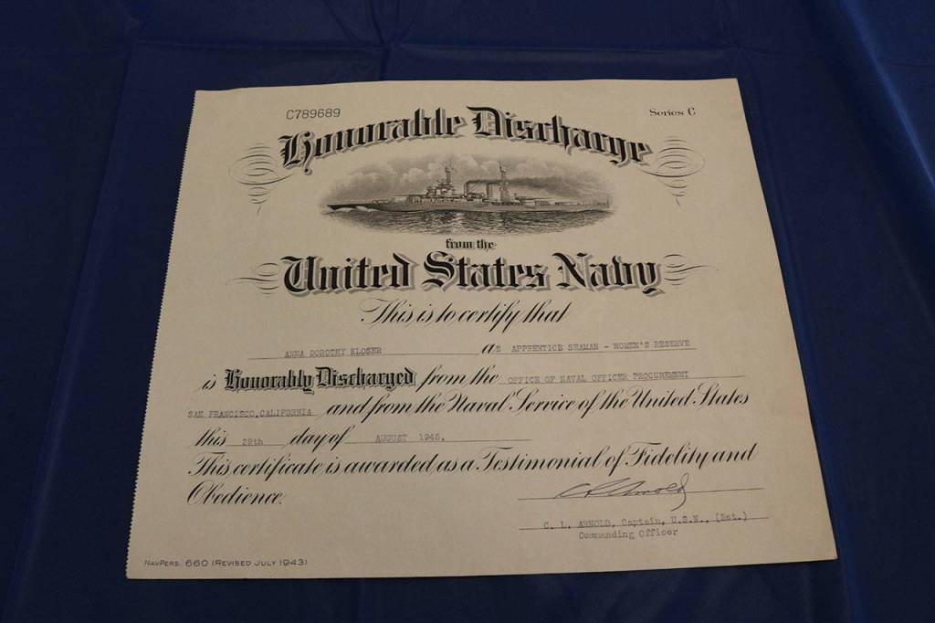 The honorable discharge certificate for Ann Bjorneby, whose maiden name is Kloser, from the U.S. Navy. Samantha Pak, Kirkland Reporter