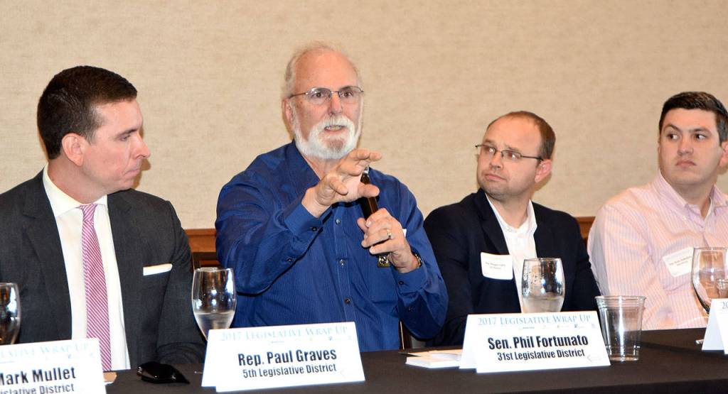 &ldquo;You elect us to spend your money and make your laws,&rdquo; Senator Phil Fortunato told the audience, in response to a question about the McCleary funding. The Supreme Court is not the organization that should be deciding how the state&rsquo;s money is spent, he added, during a Sept. 14 legislative wrap-up at The Club at Snoqualmie Ridge. (Carol Ladwig/Staff Photo)