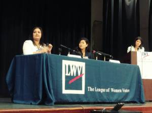 State Senate candidates Manka Dhingra, left, and Jinyoung Lee Englund, center, at Monday&rsquo;s League of Women Voters debate in Redmond. Aaron Kunkler/Redmond Reporter