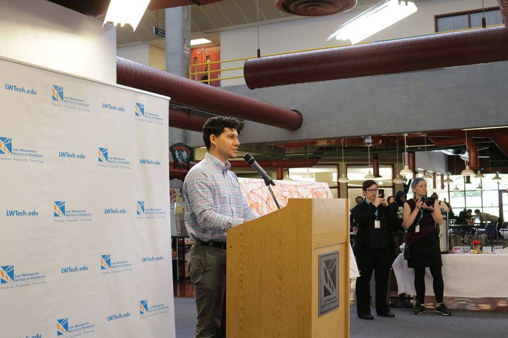 Equity and inclusion coordinator for LWTech Eric Izaguirre addresses the crowd at the RISE Center dedication. Samantha Pak, Kirkland Reporter