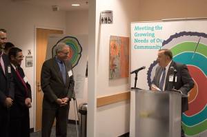 Kenmore Mayor, David Baker, speaks at the grand opening celebration for the new EvergreenHealth location across the street from city hall.
