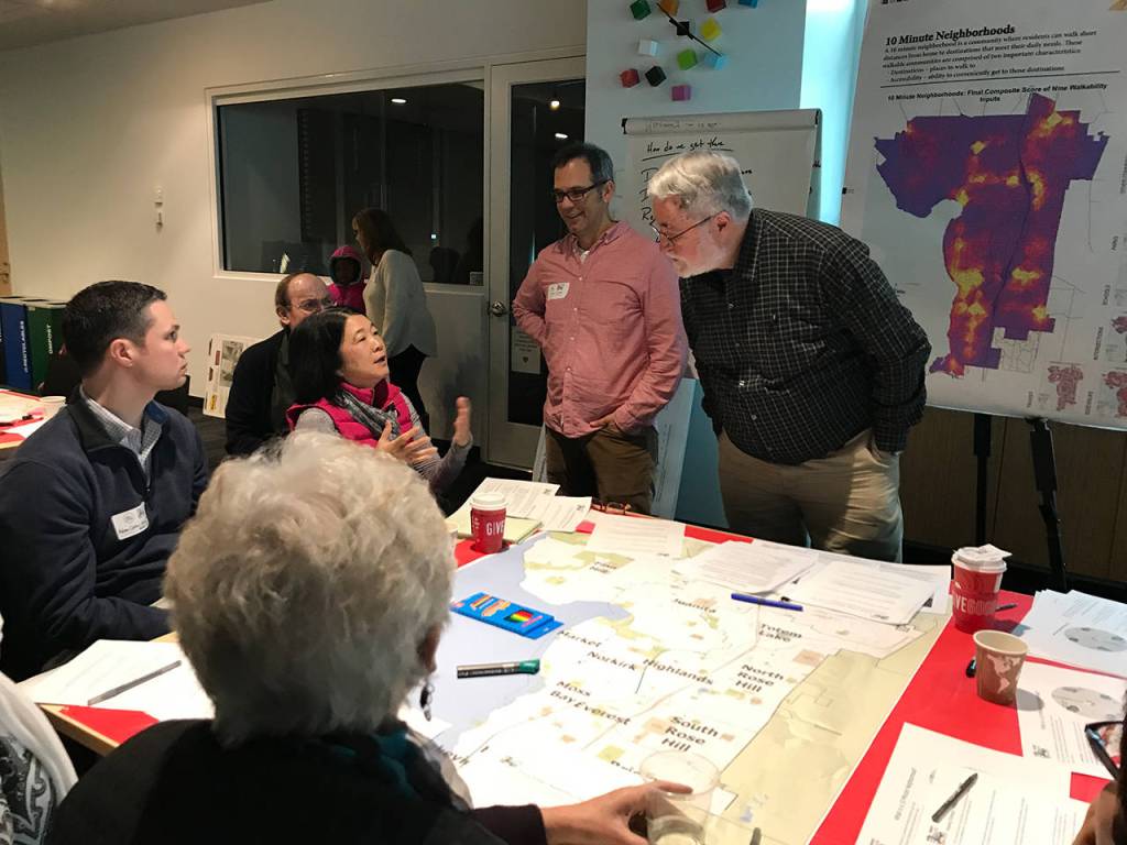 A small breakout group discusses neighborhood character. Samantha Pak, Kirkland Reporter