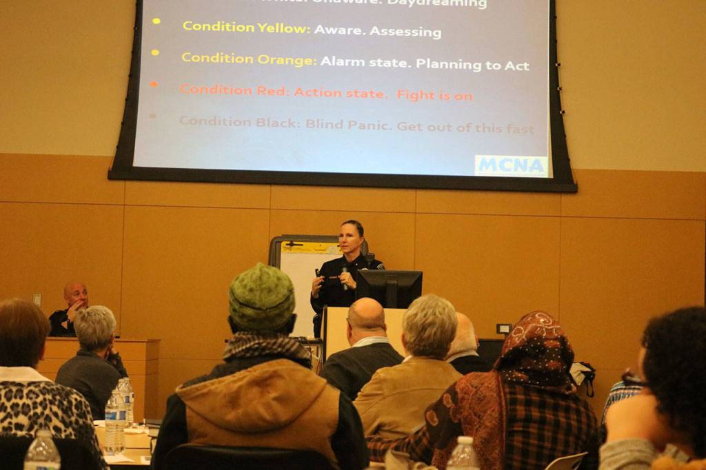 Issaquah Police Commander Paula Schwan discusses personal safety and de-escalation of threats. Nicole Jennings, Reporter Newspapers