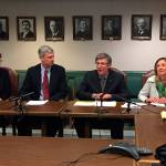 From left, Reps. Kristine Lytton, House Majority Leader Pat Sullivan, Timm Ormsby, and June Robinson announce the House Democrats budget proposal. <em>Photo by Josh Kelety</em>