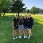 Lake Washingtons Kaitlyn Uhrich and Molly Behrends qualified for state with their performances at the 3A SeaKing District tournament on Tuesday at Riverbend Golf Course in Kent. Uhrich tied for 18th with an 88 and Behrends took 21st with an 89. The two Kangs will travel to Spokane for the May 22-23 premier event at Indian Canyon Golf Course. Pictured from left at districts are LWs Behrends, Makena Pluth, Uhrich and Grace Hawkins. Courtesy photo
