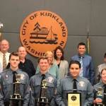 Kirkland Police Explorers smile with their advisors and city council members on Sept. 4 at City Hall. Photo courtesy of the city of Kirkland