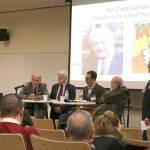 From L-R: Panelist Roderic Camp from Claremont University, William Beezley from University of Arizona, Linda, and Guillermo Sheridan from UNAM-Seattle touched on the subject of U.S.-Mexico relations on Nov. 1 at Northwest University. Stephanie Quiroz/staff photo.